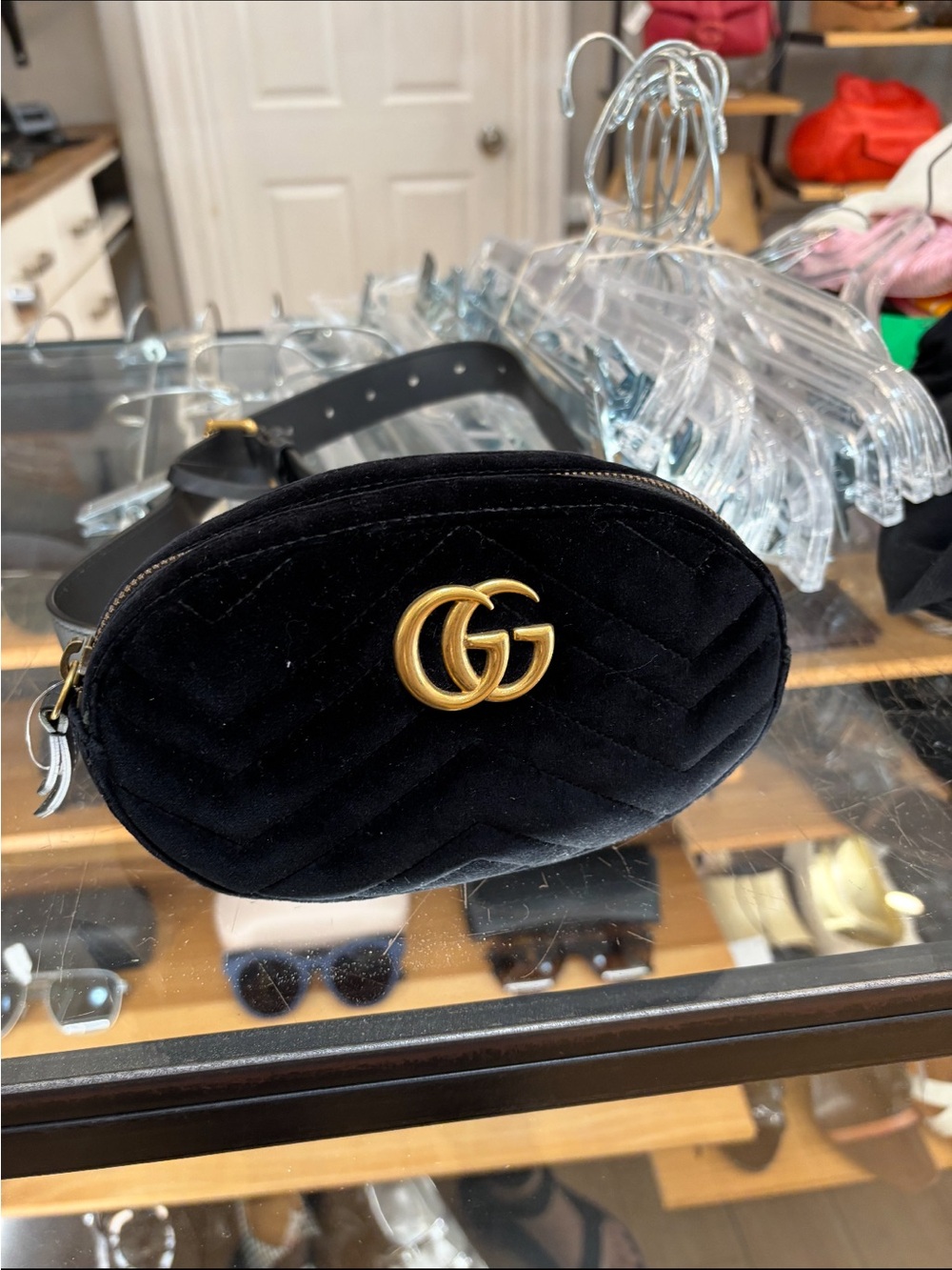 Gucci Black Velvet Mini GG Belt Bag with Gold Hardware